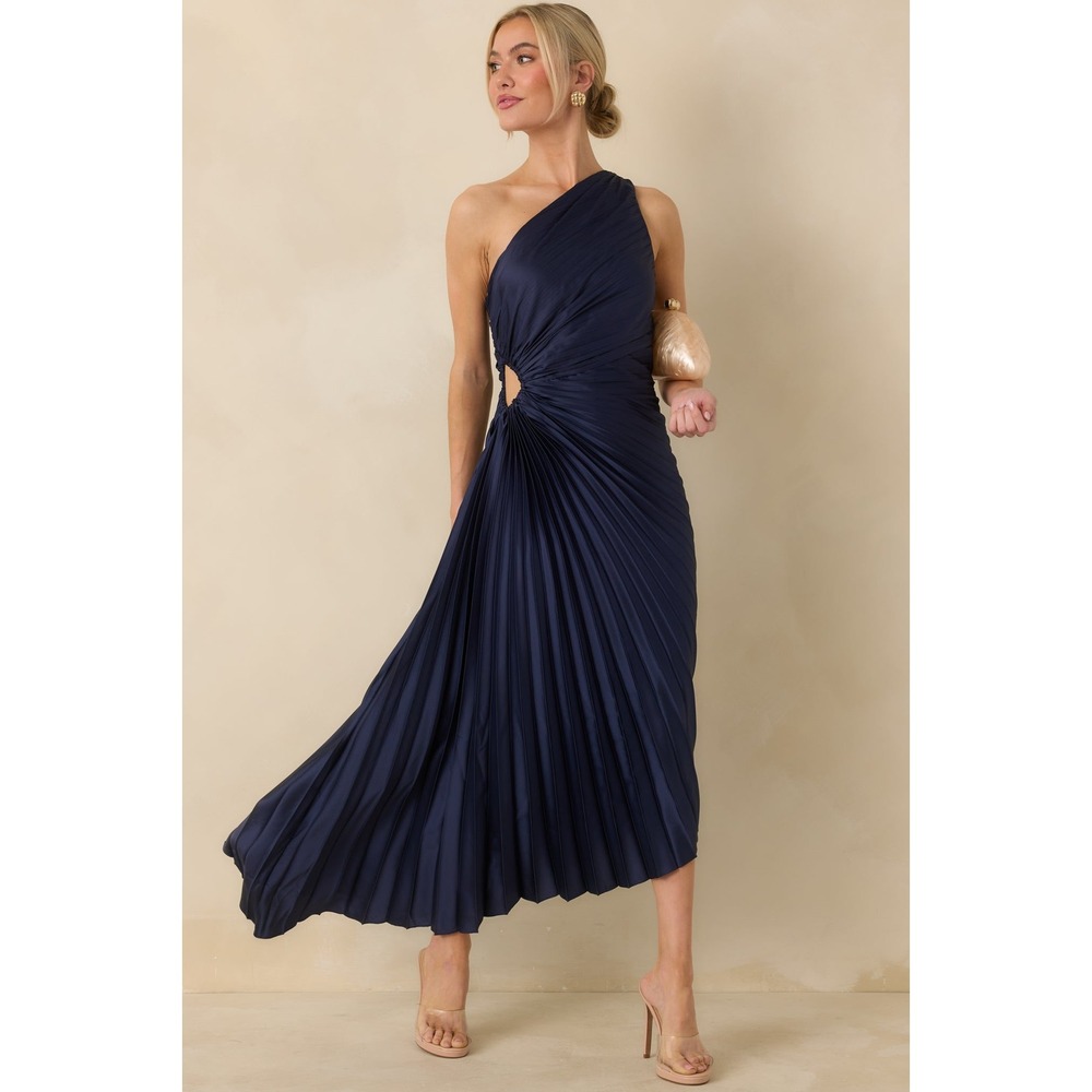 Saints & Secrets Navy One Shoulder Pleated Midi Dress Waist Ring Detail Cutout